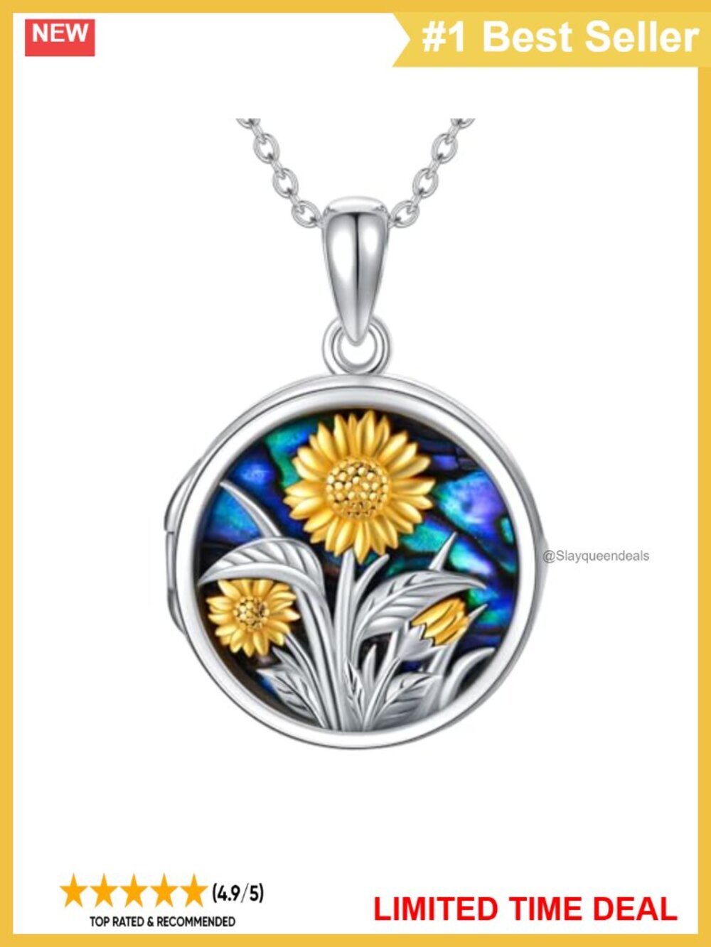 925 Sterling Silver Sunflower Locket Necklace Abalone Photo Pendant Adjustable